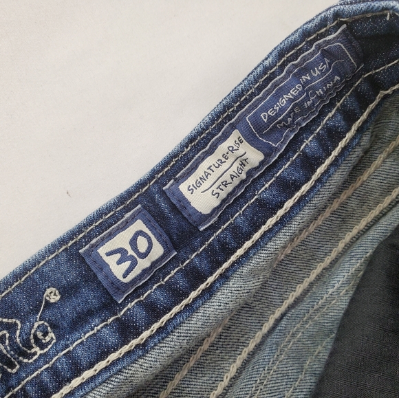 Miss Me Blue Straight Leg Jeans with White Embroidery - Picture 11 of 13